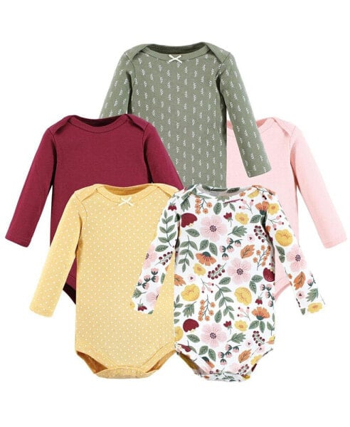 Baby Girls Cotton Long-Sleeve Bodysuits, Fall Botanical 5-Pack