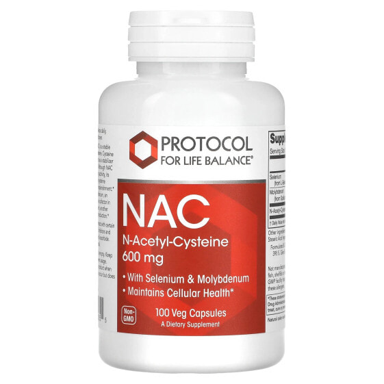 Антиоксидант NAC (N-Acetyl-Cysteine), 600 мг, 100 капсул, Protocol For Life Balance