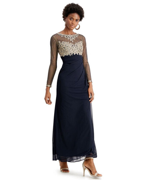 Petite Embellished Illusion-Bodice Ruched Gown