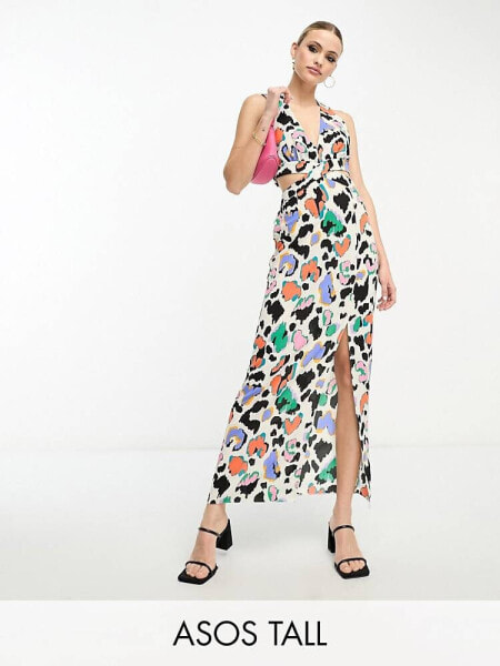 ASOS DESIGN Tall halter neck cut out midi dress in coloured print