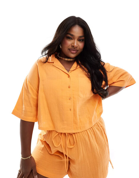 ASOS DESIGN Curve double gauze co-ord boxy beach shirt in orange