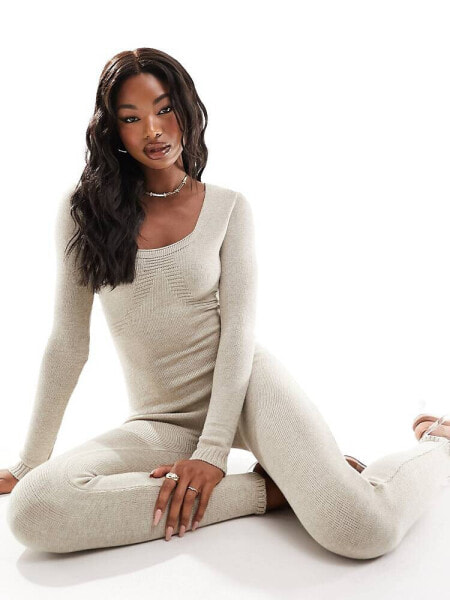 Missyempire knitted long sleeve unitard jumpsuit in stone