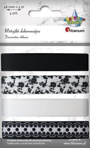Titanum Wstążki materiałowe TITANUM 4 kolory z nadrukiem 16mm 4x1m biała, czarna, kwiaty, koronka Titatnum Kreatywne