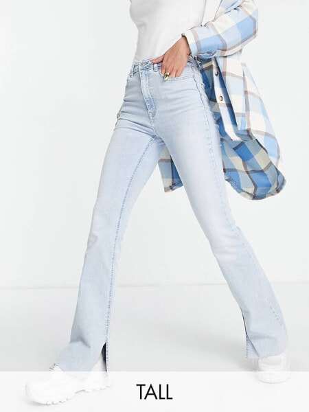 Stradivarius Tall stretch flare jean with split detail in light blue