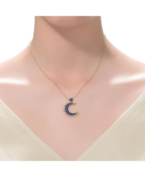 Sterling Silver with 14K Gold and Black Plated Sapphire Cubic Zirconia Moon Charm Necklace