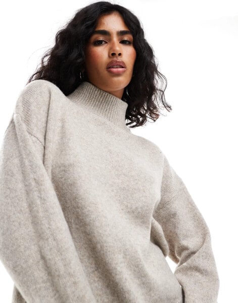 ASOS DESIGN knitted high neck jumper with turn back cuffs in mocha