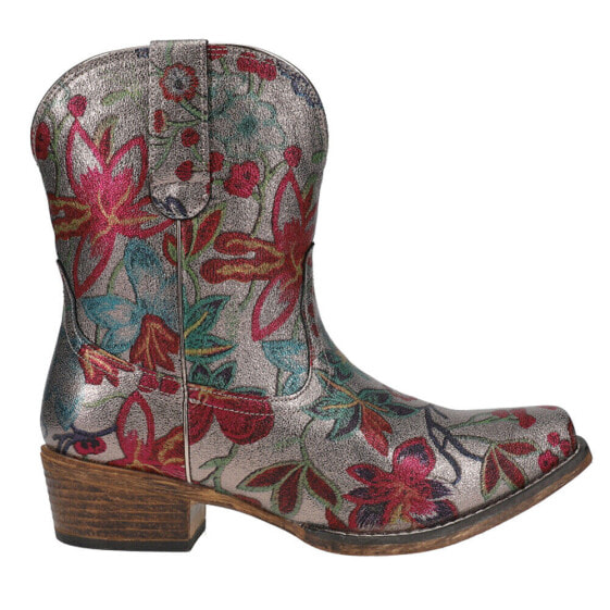 Roper Ingrid Metallic Silver Floral Snip Toe Cowboy Booties Womens Blue, Red, Si