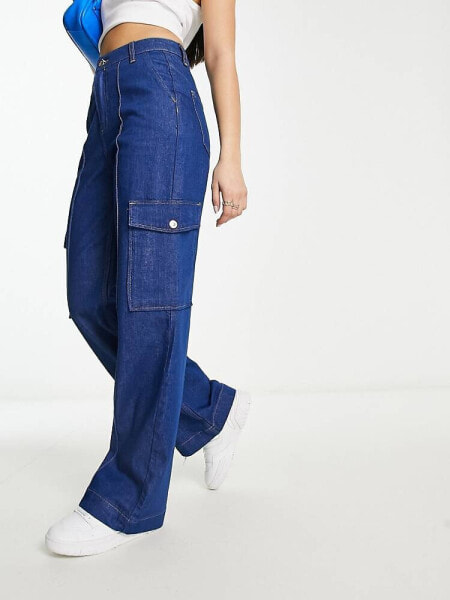 River Island high waisted wide leg cargo pocket jean in medium blue wash