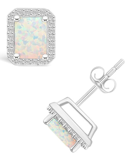 Lab Grown Opal (9/10 ct. t.w.) and Lab Grown Sapphire (1/4 ct. t.w.) Halo Studs in 10K White Gold