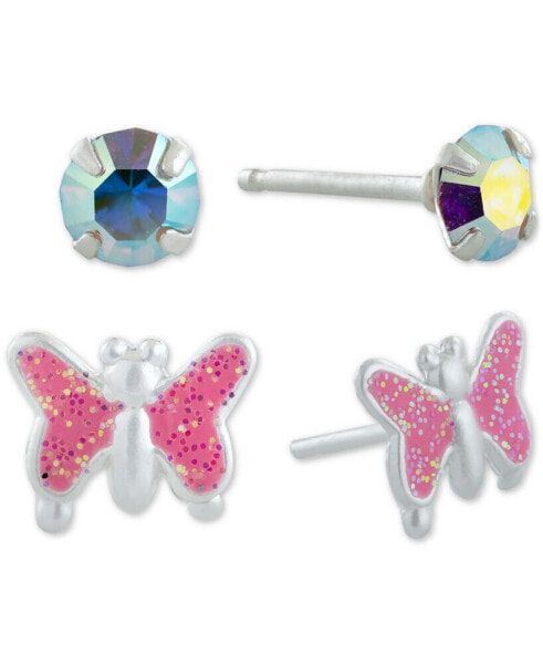 2-Pc. Set Crystal Solitaire & Glitter Butterfly Stud Earrings in Sterling Silver, Created for Macy's