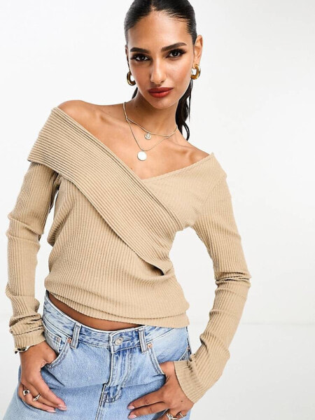 ASOS DESIGN super soft ribbed cross front top in camel