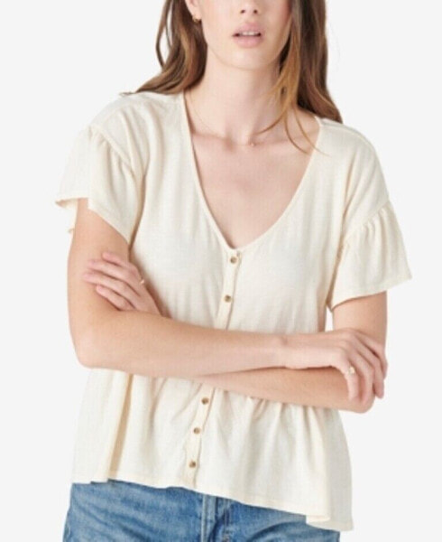 Lucky Brand Short Sleeve Button Up Top Natural S