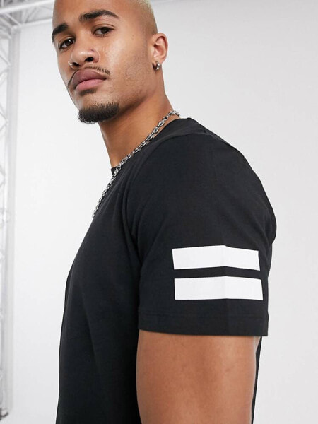 Jack & Jones curved hem t-shirt with striped sleeves in black