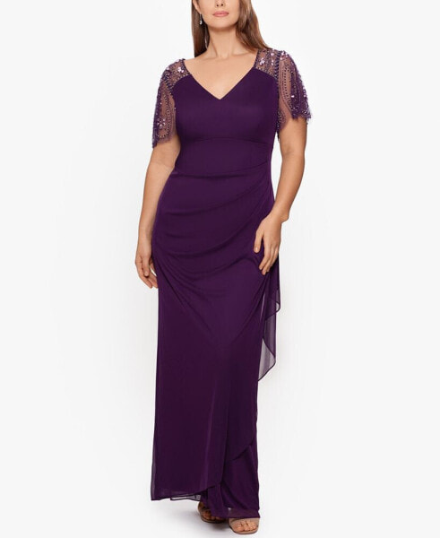 Plus Size Embellished Sheer Matte Jersey Gown