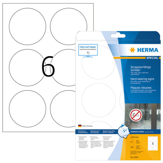 HERMA Signs hard-wearing A4 Ø 85 mm round white strong adhesion film matt weatherproof 150 pcs. - White - Self-adhesive printer label - A4 - Polyester - Laser - Permanent