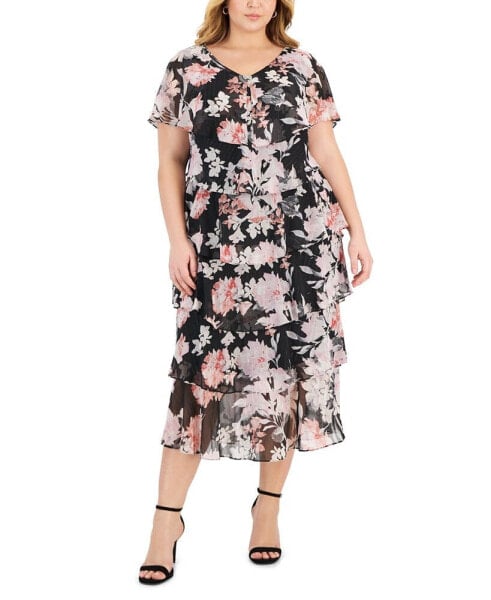 Plus Size Floral-Print Ruffle Midi Dress
