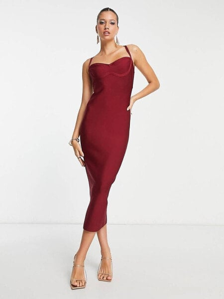 Rare London bandage bodycon midi dress in wine