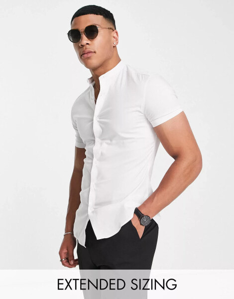 ASOS DESIGN skinny fit shirt with grandad collar in white