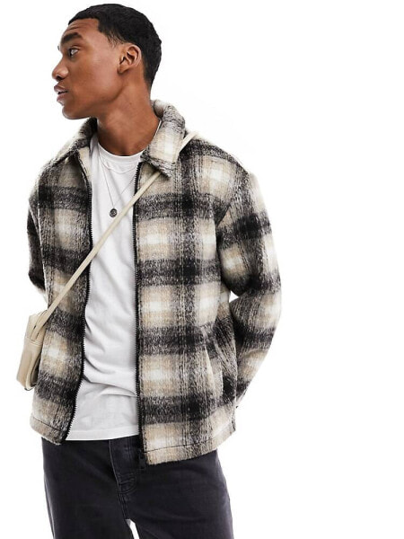 Jack & Jones brushed check harrington jacket in beige