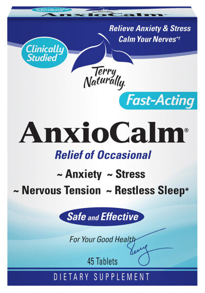 Terry Naturally Anxio Calm Быстродействующая добавка для снятия эпизодической тревоги, стресса, нервного напряжения и беспокойного сна 45 таблеток