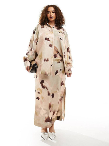 ASOS EDITION Curve oversized shirt in neutral smudge print