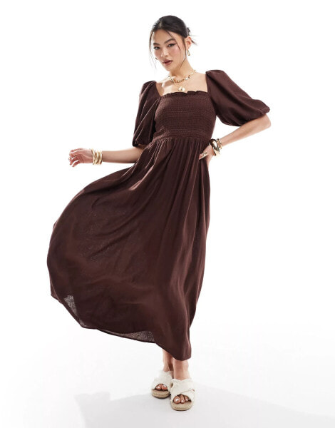 River Island puff sleeve linen dress in brown