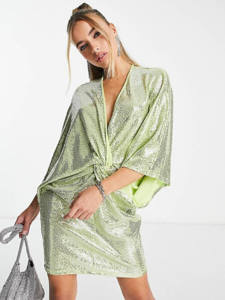 Flounce London plunge front mini dress with drop sleeves in lime metallic sparkle 