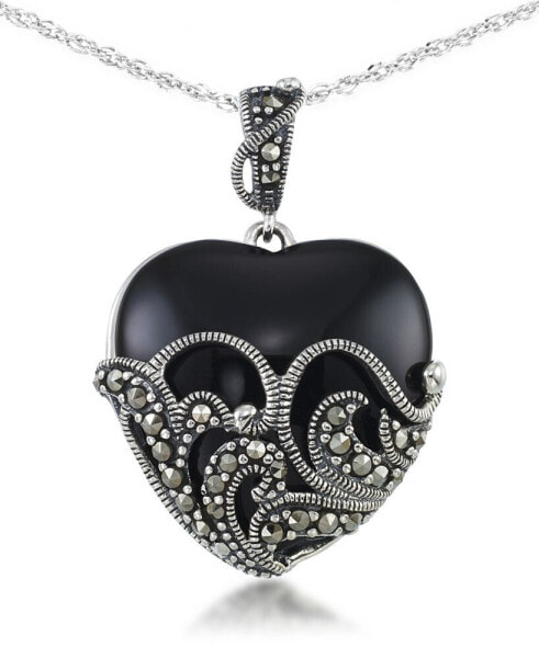 Macy's onyx (24 X 24mm) & Marcasite Heart Pendant on 18" Chain in Sterling Silver
