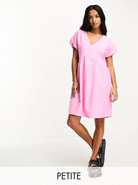 Pieces Petite linen v-neck mini dress in pink