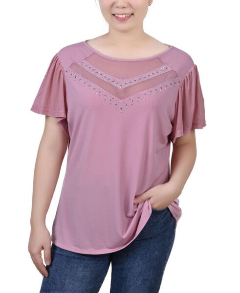 Petite Studded Short Flutter Sleeve Top