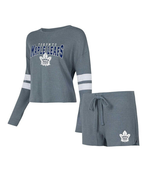 Women's Gray Distressed Toronto Maple Leafs Meadow Long Sleeve T-shirt and Shorts Sleep Set
