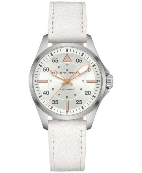 Women's Swiss Automatic Khaki Aviation White Leather Strap Watch 36mm