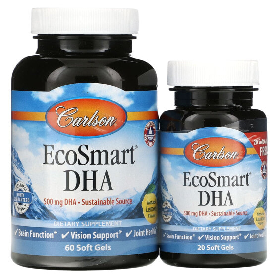 Carlson, EcoSmart DHA, добавка с ДГК, натуральный лимон, 500 мг, 60 + 20 капсул