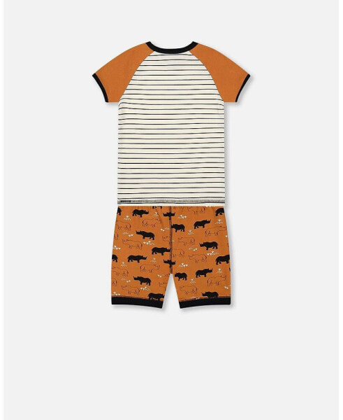 Boy Organic Cotton Two Piece Short Pajama Set Caramel Printed Rhinoceros - Toddler|Child