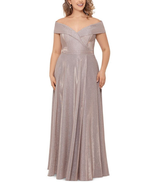 Plus Size Off-the-Shoulder Glitter Gown
