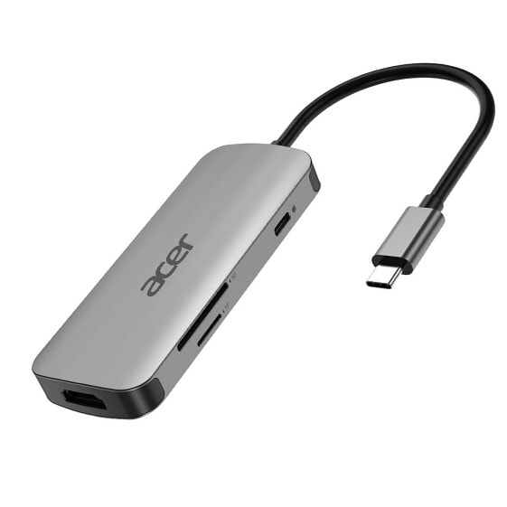 USB-концентратор Acer 7in1 Type C Port Hub - Wired - USB 3.2 Gen 2 (3.1 Gen 2) Type-C - 100 W - Silver - MicroSD (TransFlash) - SD - China