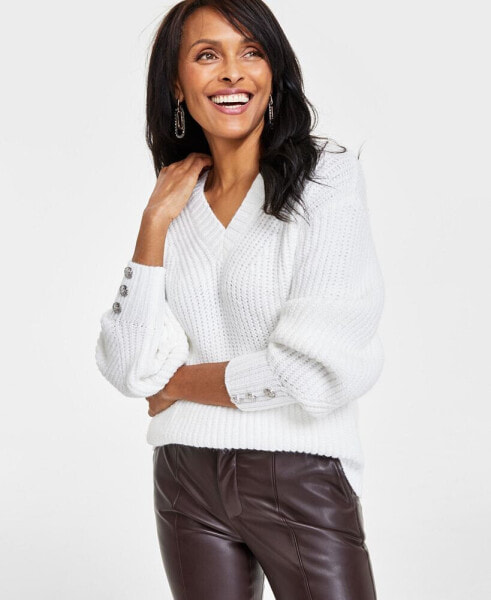 Women's V-Neck Button-Trim Sweater, Created for Macy's