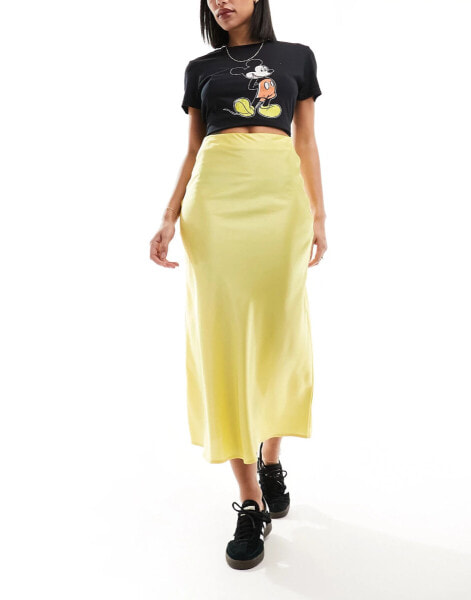 Wednesday's Girl satin bias cut midaxi skirt in pale yellow