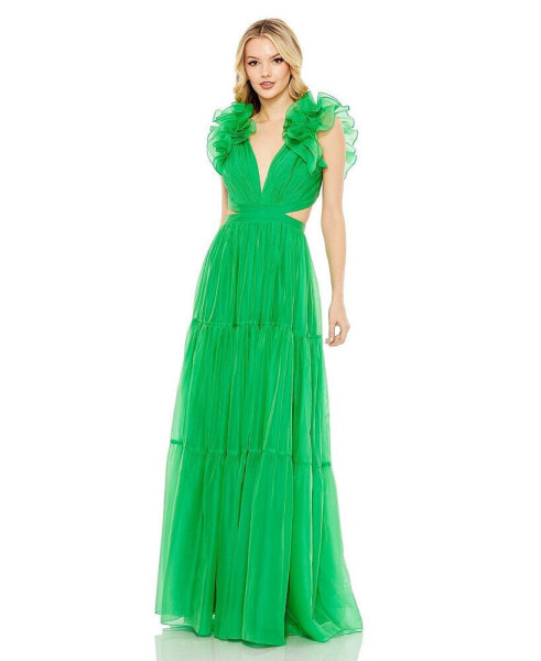 Women's Ruffled Shoulder Cut Out Soft Tie Back Tiered Gown