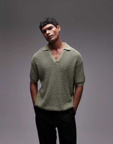 Topman knitted cotton revere polo in khaki