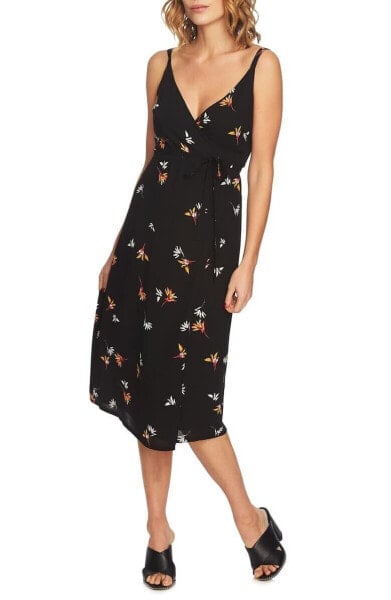 1.STATE 158705 Women's Print Wrap Midi Dress Sleeveless Black Sz. Medium