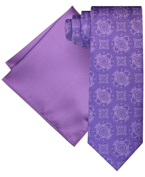 Men's Ornate Medallion Tie & Solid Pocket Square Set