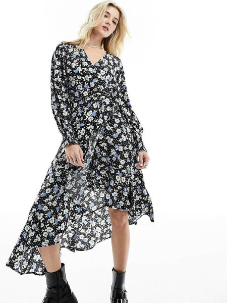 Wednesday's Girl ruffle wrap ditsy floral midi dress in black 