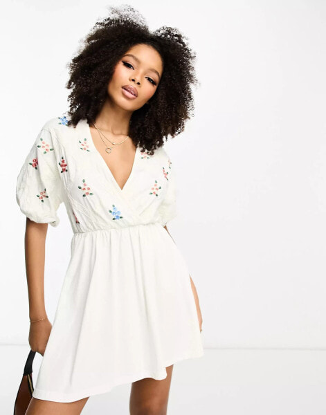 ASOS DESIGN smock mini dress with cross lace insert and embroidery in cream