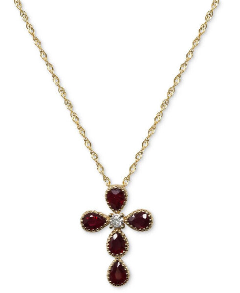 Ruby (7/8 ct. tw.) & Diamond (1/20 ct. t.w.) Cross Pendant Necklace in 14k Gold, 16" + 2" extender