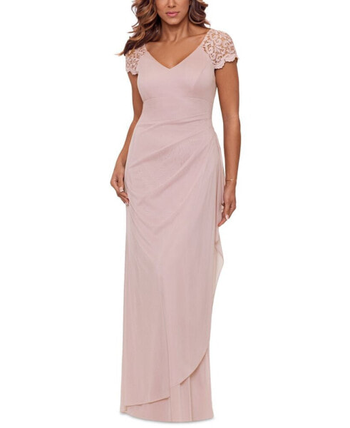 Lace-Sleeve Chiffon Gown