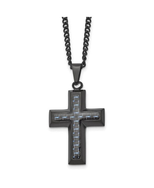 Blue Carbon Fiber Inlay Cross Pendant Curb Chain Necklace