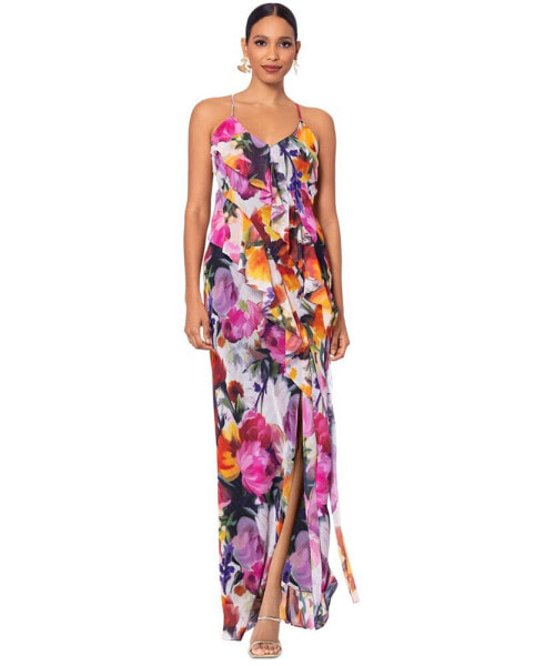 Petite Floral Ruffle-Front Long Dress