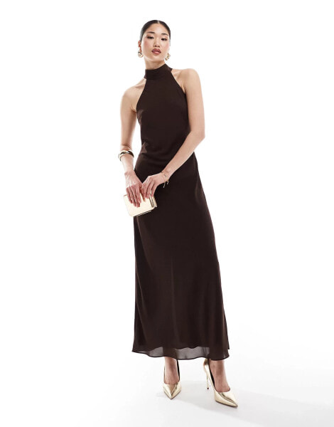 Bardot fitted highneck maxi dress in chocolate