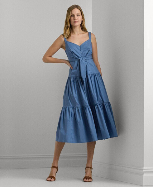 Women's Cotton-Blend Tie-Front Tiered Dress